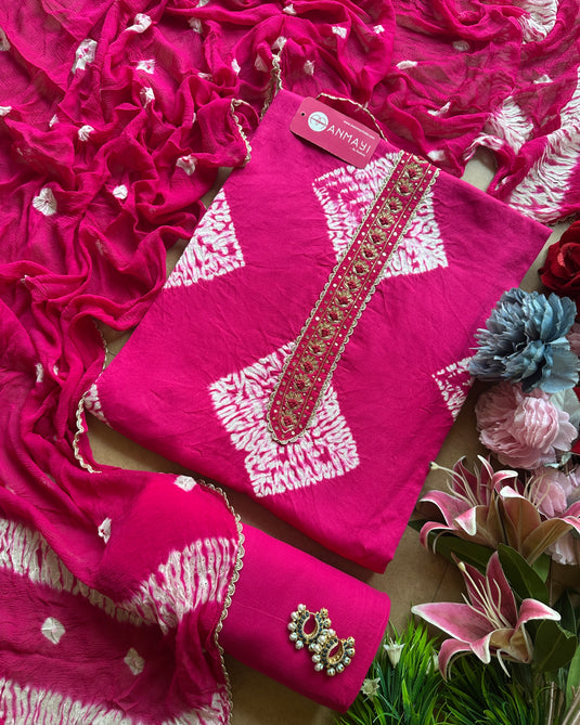 Shibori needle stitch tie and dye cotton suit set with pure chiffon Bandhani dupatta
