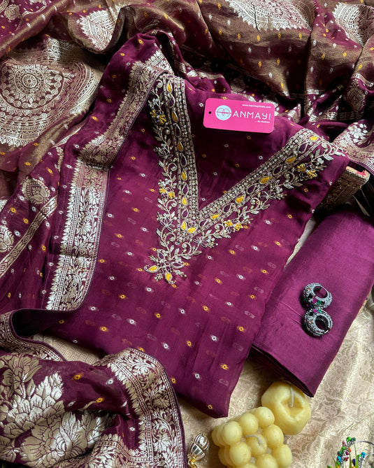 Chinnon bandhani tissue dupatta suit sets with dabka neck work