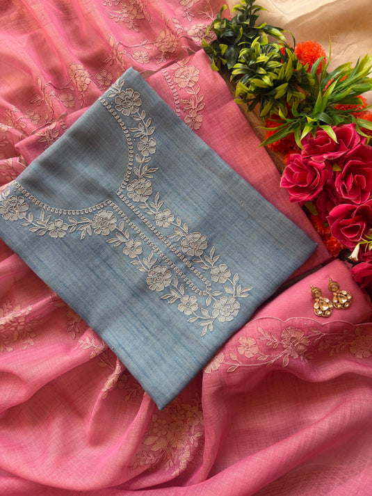 Straw work linen shimmer flower suit set