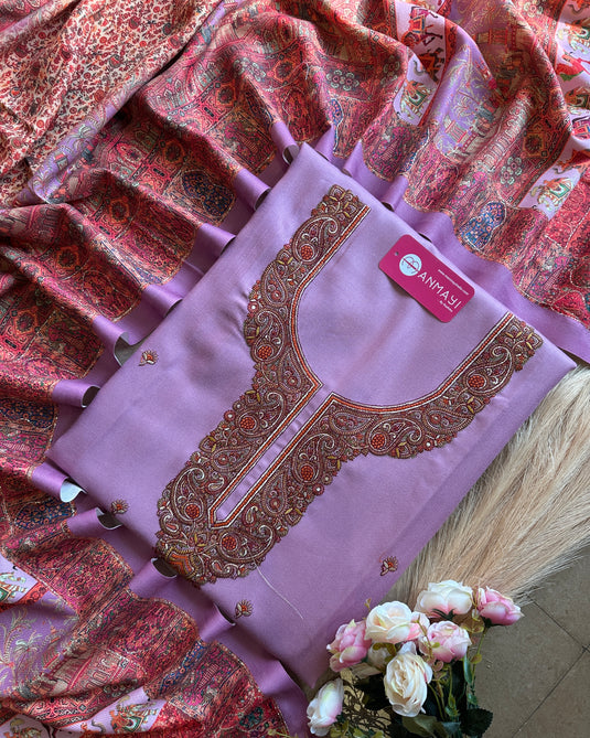 Aari work woollen suit set with highlighted