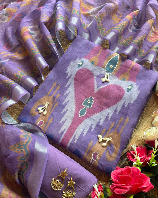Linen shell work Uzbek Ikkat print suit set
