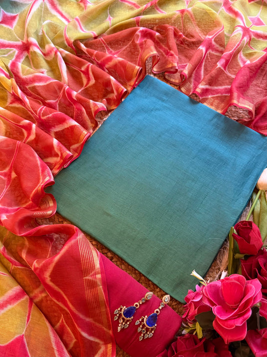 Ombré shaded pure mul chanderi suit with contrast bottom and Shibori dyed dupatta