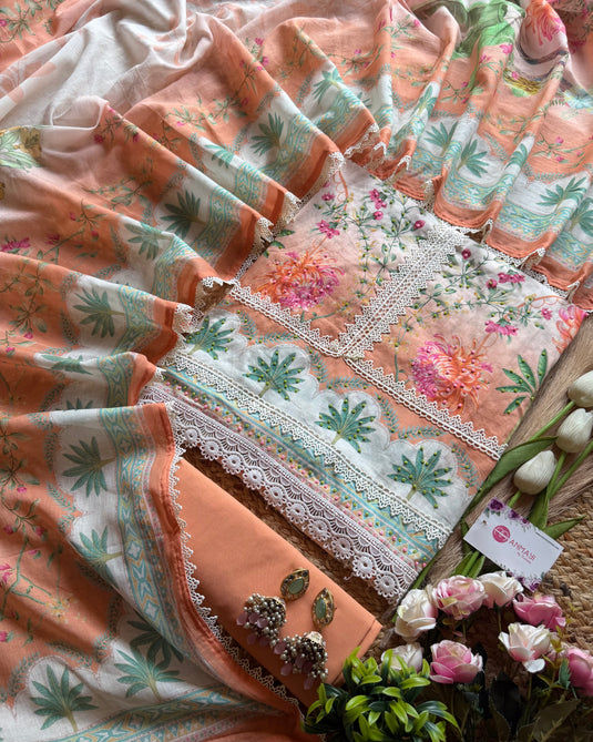 Palm scene patterned soft Mul cotton suit set with ombre effect