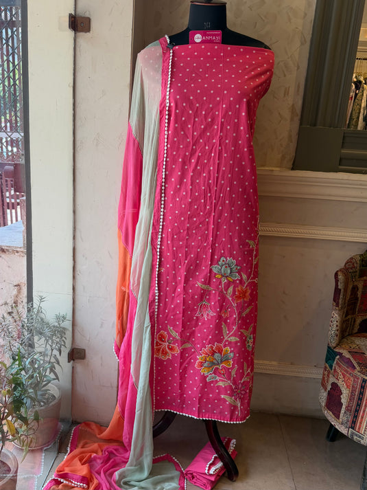 Highlighted hibiscus pure cotton polka dots suit set with tricolour dupatta