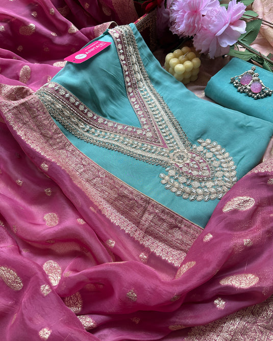 Combination pure organza embroidered neck suit sets with Banarasi dupatta