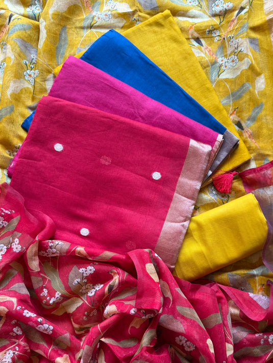 Floral dupatta Lagdi Patta border pure Mul Chanderi suit set