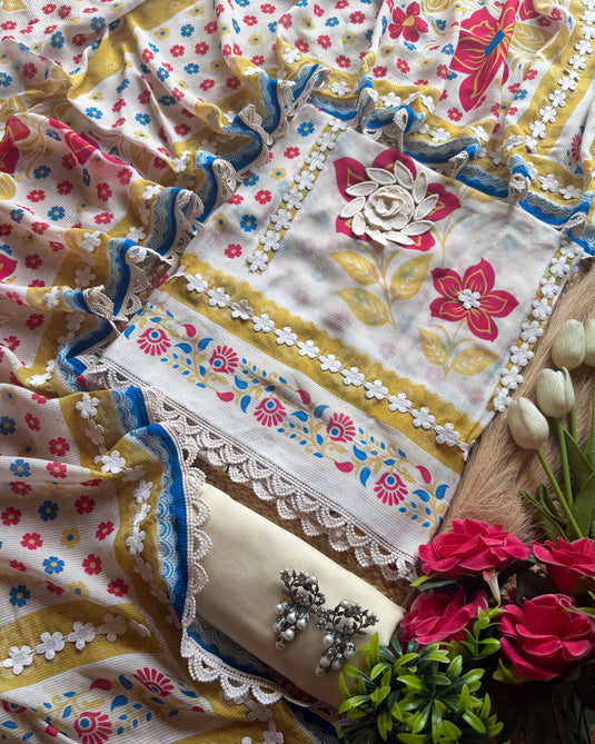 Crochet Motif colour garden pure muslin suit set