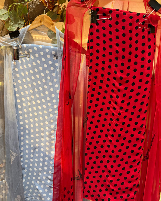Crepe polka dots suit set with chiffon dupatta