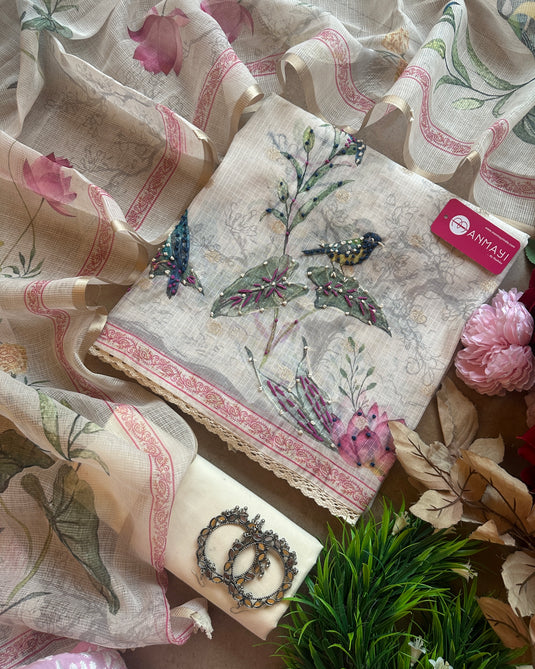 Kota Banarasi ivory bird pattern suit sets