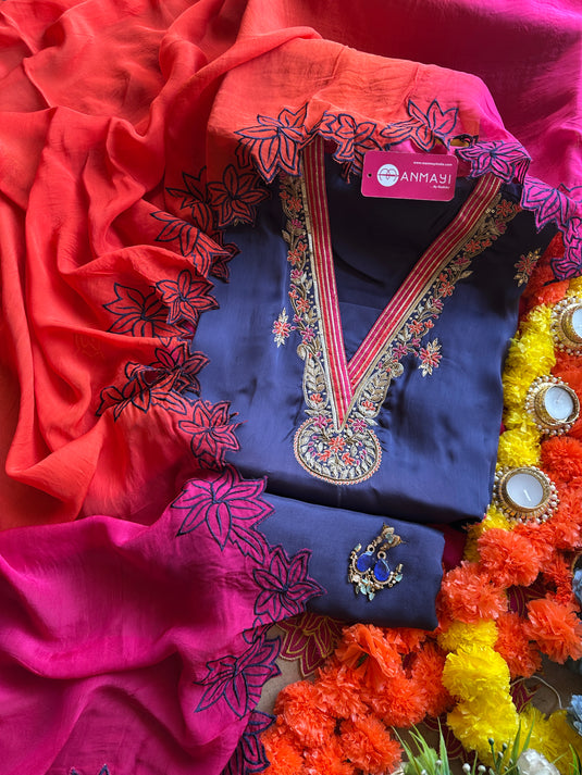 Embroidered round v neck satin silk suit with ombré georgette dupatta