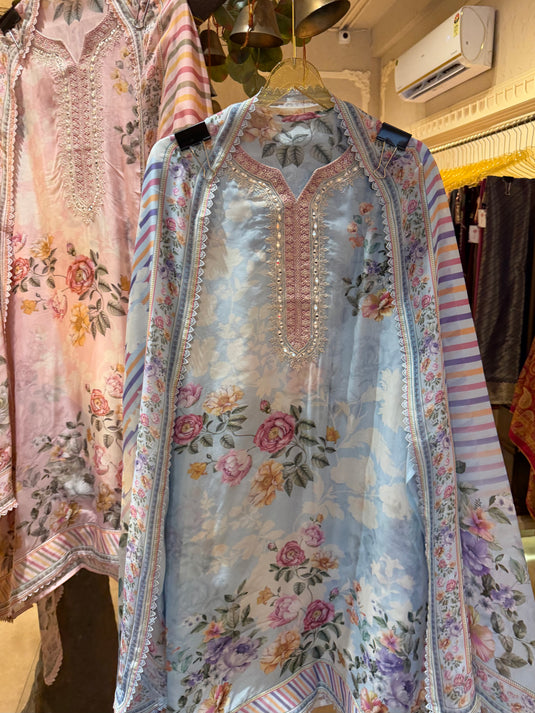 Pastel pure organza garden print suit set