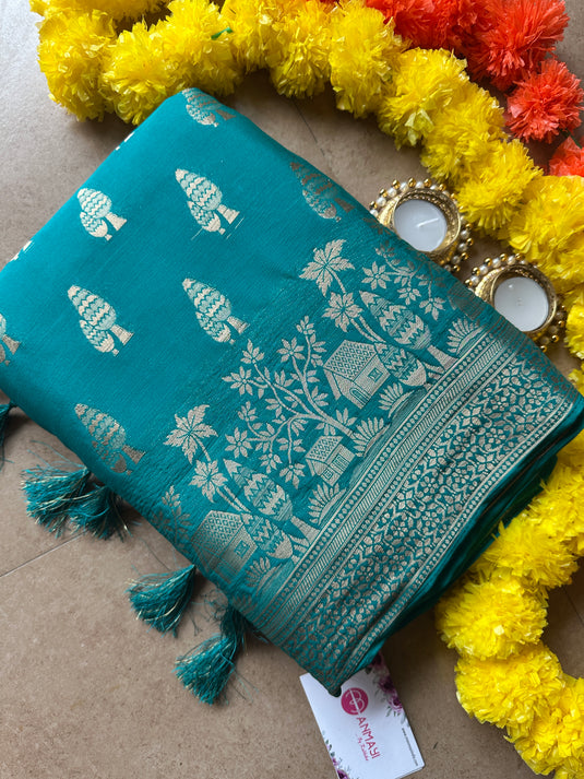 Pine tree chiffon banarasi saree with tassels