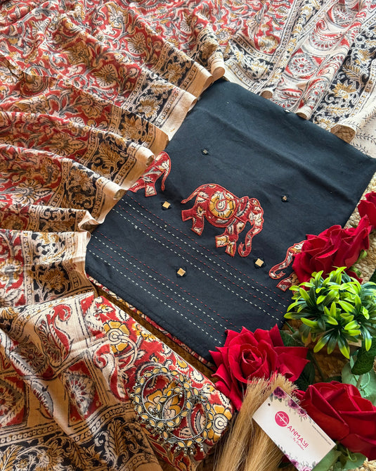 Patched work mirror elephant ajrakh cotton suit set