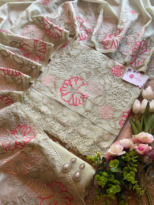Floral organza applique work mul chanderi suit set