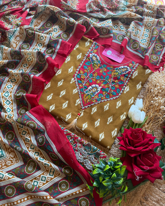 Patola print Cambric cotton suit with Kalamkari combination