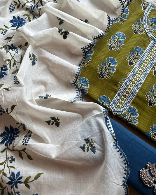 Block print combination suit set with embroidered cotton silk dupatta