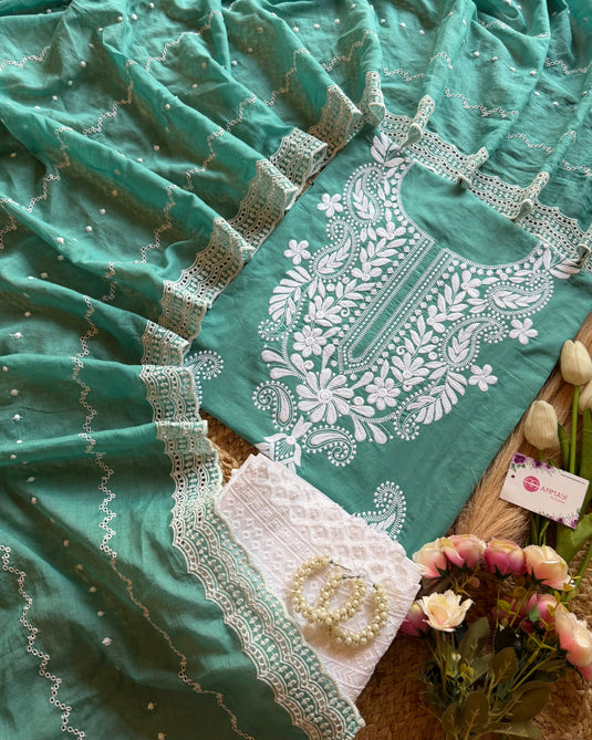 Chikankari neck cotton suit set with Hakooba bottom and dupatta