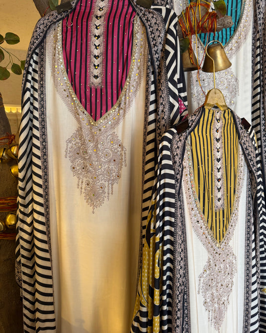 Pakistani round V neck muslin suit set with mirror work