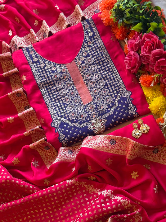 Fusion brocade silk patch on pure Gajji silk suit