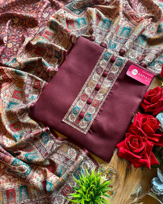 Buttoned spun suit set with Kani print shawls