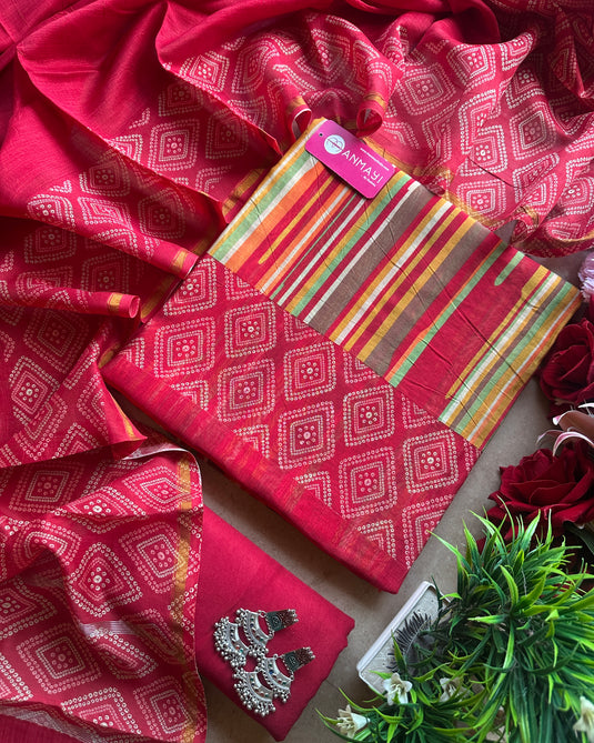 Stripes rainbow bandhani print pure Maheshwari suit set