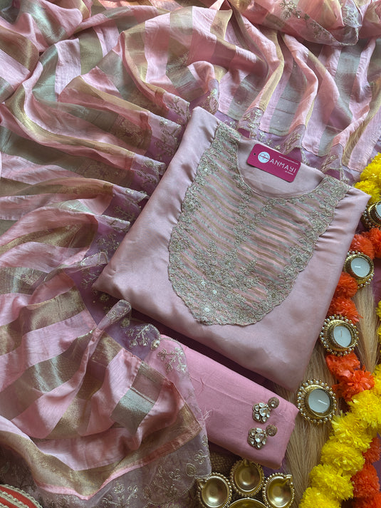 Shimmer silk patterned neck suit set with banarasi dupatta