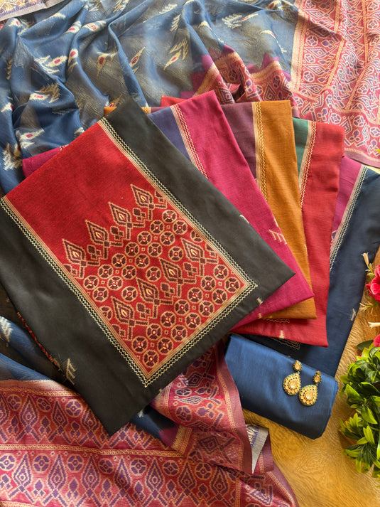 Chanderi silk boho print pita highlights suit set