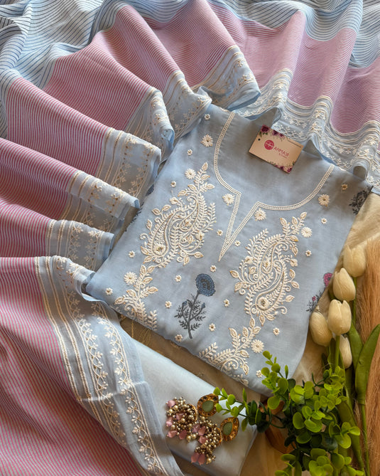 Mul cotton thread work block print pastel suit set with stripes dupatta