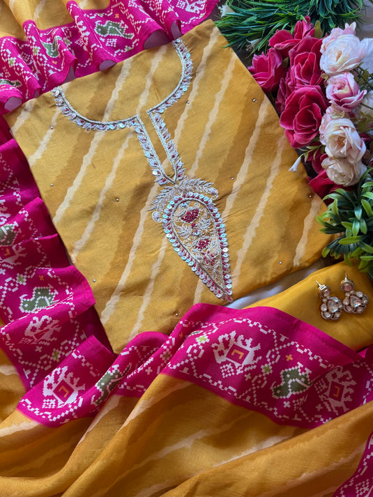 Lehria Patola mustard raw silk suit set