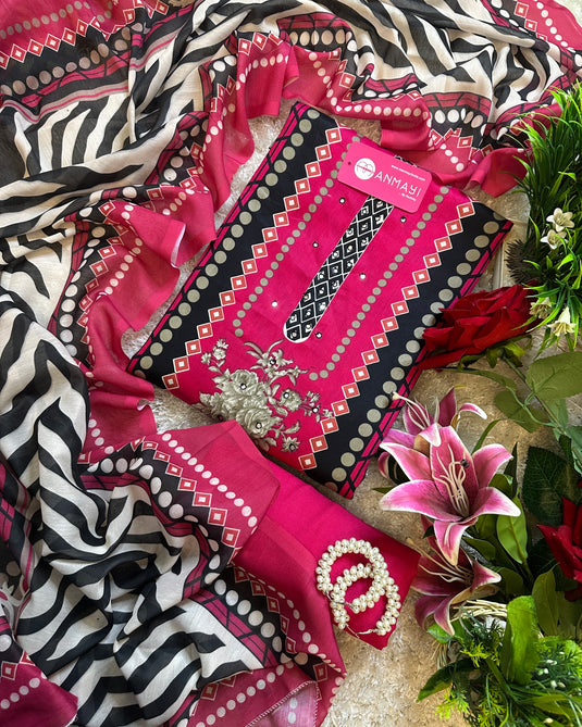 Pakistani zebra print suit sets with mul cotton dupatta