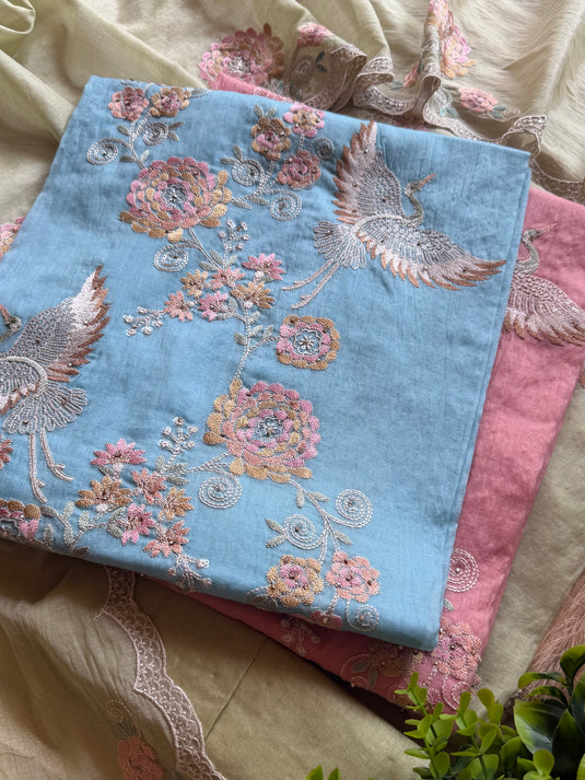 Crown crane festive Dori work Mul Chanderi suit set