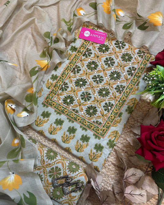 Kantha neck cambric cotton printed suit with Kota dupatta
