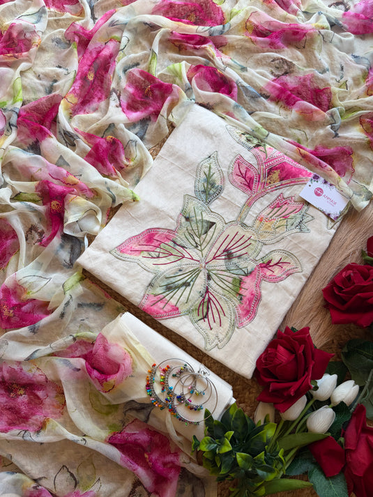 Cotton patch work cream suit set with pure chiffon floral dupatta