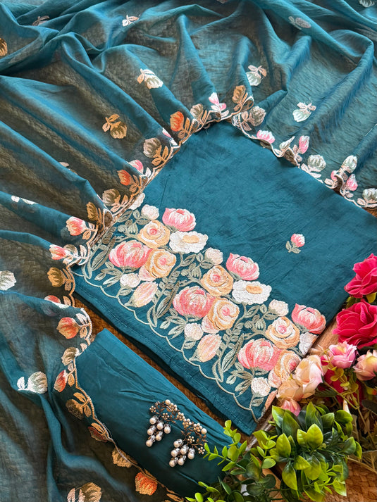 Aari work festive Mul Chanderi suit set