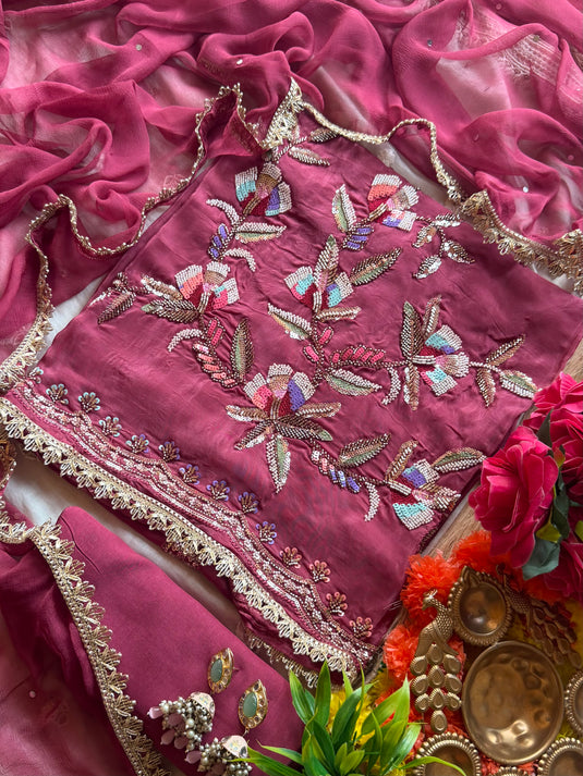 Coloured seaquins work embroidered glass organza suit set