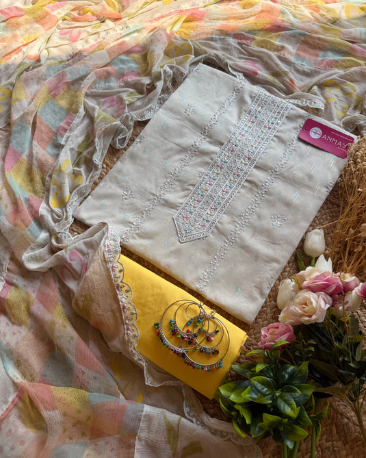Cotton coloured silver weave suit with chiffon printed dupatta