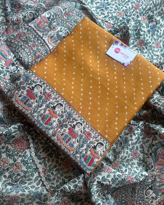 Madhubani bandhani fusion print pure Maheshwari silk suits