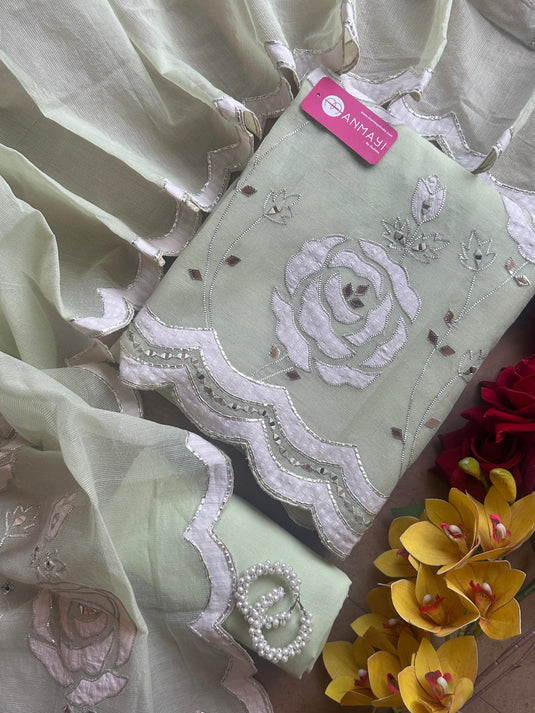 Mint green appliqué gotta mirror work Kota Doria suit set