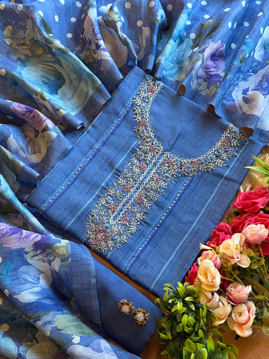 Fine Tussar silk suits with Kantha work and digital polka dots dupatta