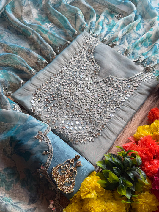 Shimmer silk mirror work suit set with organza floral dupatta