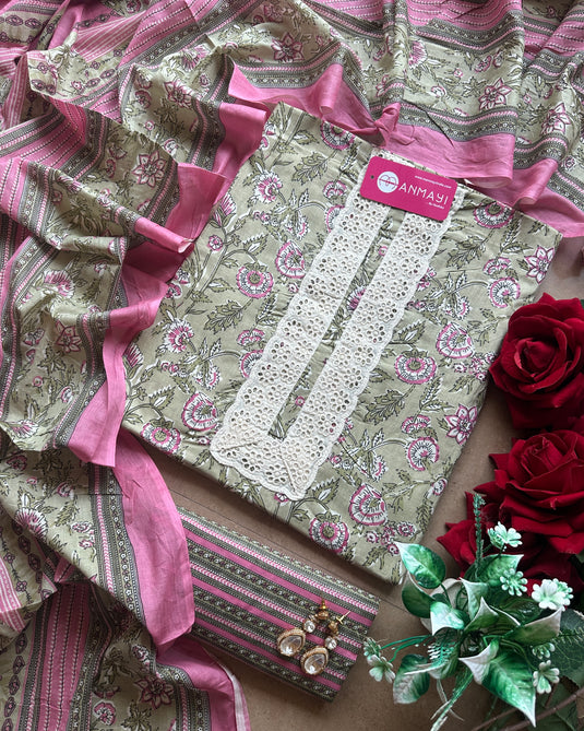 Printed cotton hakooba lace block print suit