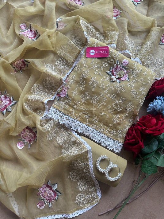 Crushed chiffon embroidered jaal suit with 3D flowers and shells