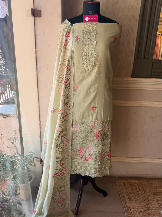Floral organza applique work mul chanderi suit set