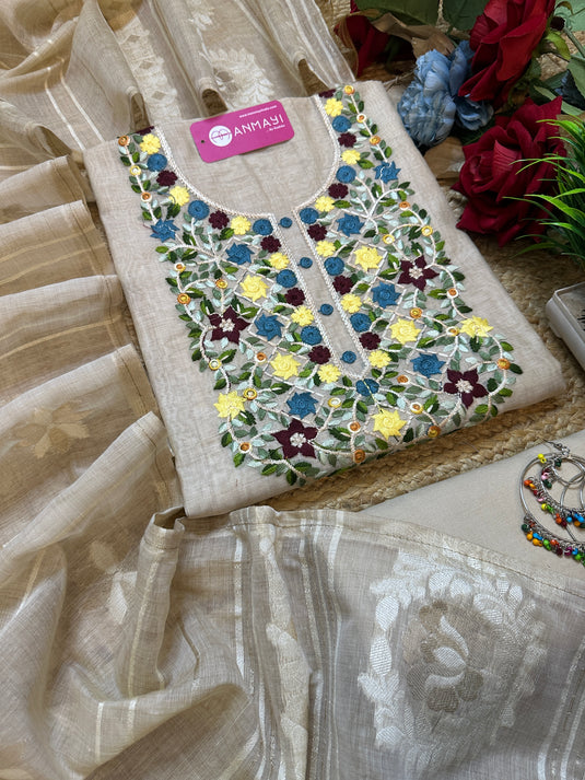 Jamdani cotton silk French knot work neck suit set
