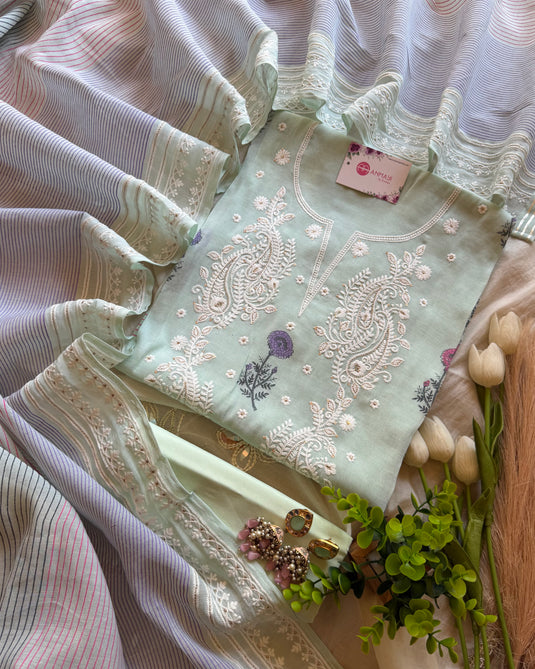 Mul cotton thread work block print pastel suit set with stripes dupatta