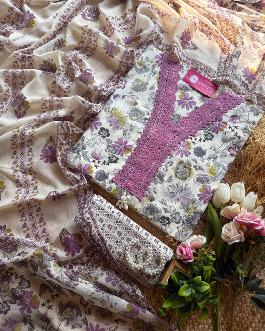 Cream base floral print pakistani suit set