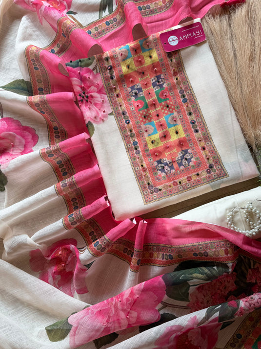 Digital print linen suit set with knot work highlights