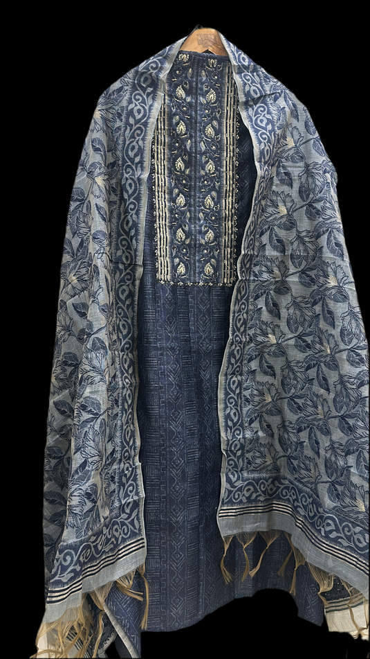 Classic Chanderi tussar in metallic blue shade and jacquard dupatta