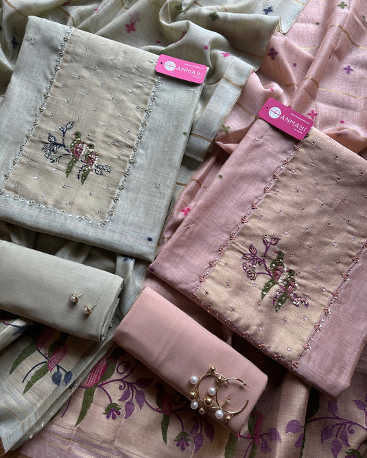 Parrot motif pastel jamdani suit set with cotton bottoms