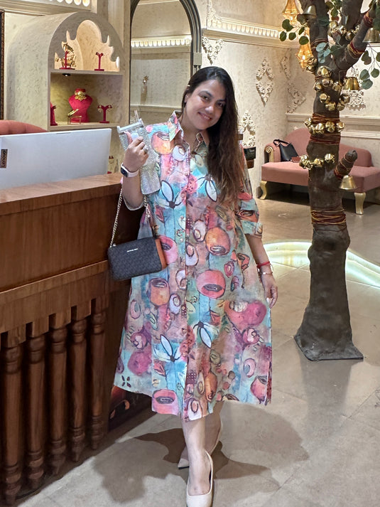 Cotton linen digital print one piece dress